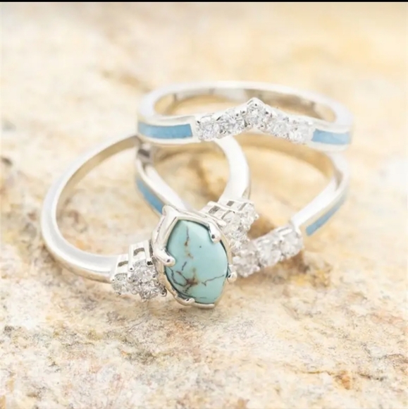 3 P/Set Women's 925 Silver Plated Multilayer Hollow Turquoise… - Picture 3 of 4